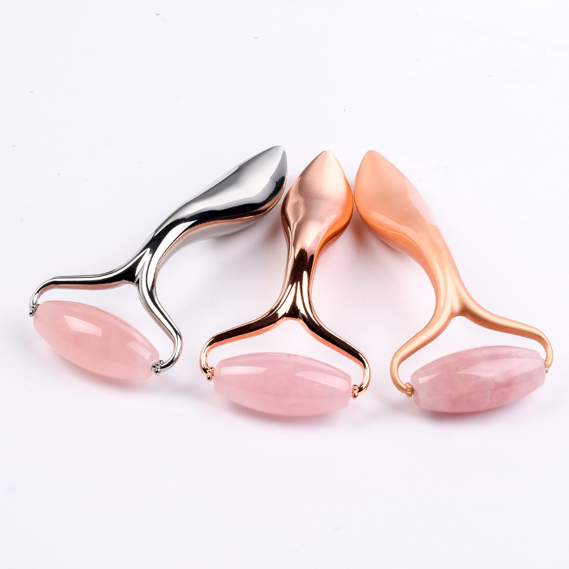 3D Face Massage Roller Metal Handle Natural Jade Stone Rose Quartz Face Roller Skincare Eye Head Massager Anti Wrinkle Anti-aging Beauty Products Rodi