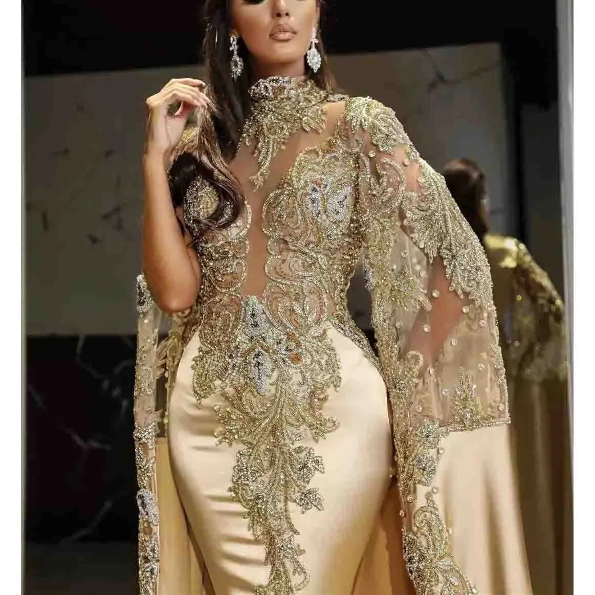 Style Arabic Mermaid Prom Dresses With Long Shawl Sparkly Lace Appliuqes Plus Size Formal Evening Ocn Gowns