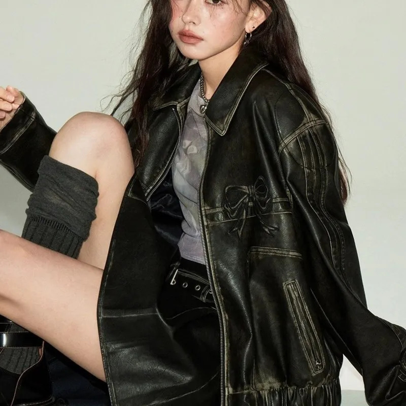 Women's Jackets Bow Y2k Motorcycle PU Leather Jacket Female Autumn Fashion Zipper Polo neck Sweet Cool Personal Street Vintage Oversize Coat Top 