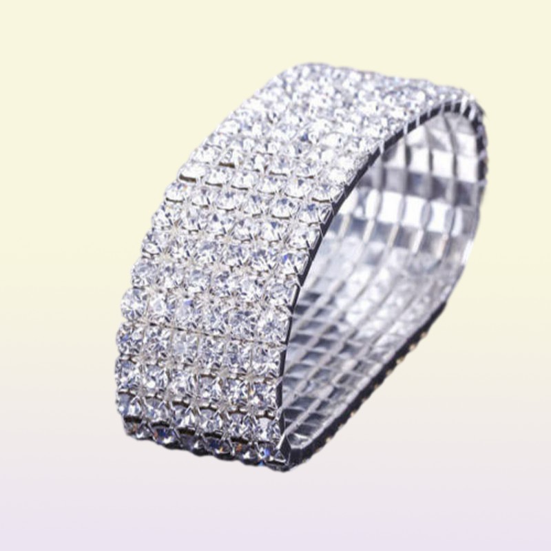 12 pieces Lots 110 Row Silver Bracelets Crystal Rhinestone Elastic Bridal Bangle Bracelet Stretch Whole Wedding Accessories f