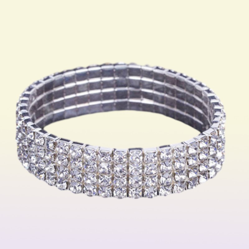 12 pieces Lots 110 Row Silver Bracelets Crystal Rhinestone Elastic Bridal Bangle Bracelet Stretch Whole Wedding Accessories f