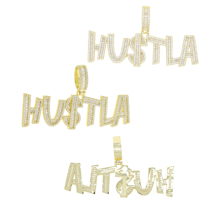 New Designer Hustla Letter Us Dollar Sign Pendant Charm Necklace Iced Out for Men Bling Cubic Zirconia Cz Charm Gold Plated Hip Hop Fashion Jewelry