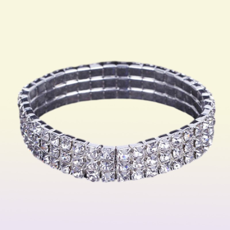 12 pieces Lots 110 Row Silver Bracelets Crystal Rhinestone Elastic Bridal Bangle Bracelet Stretch Whole Wedding Accessories f