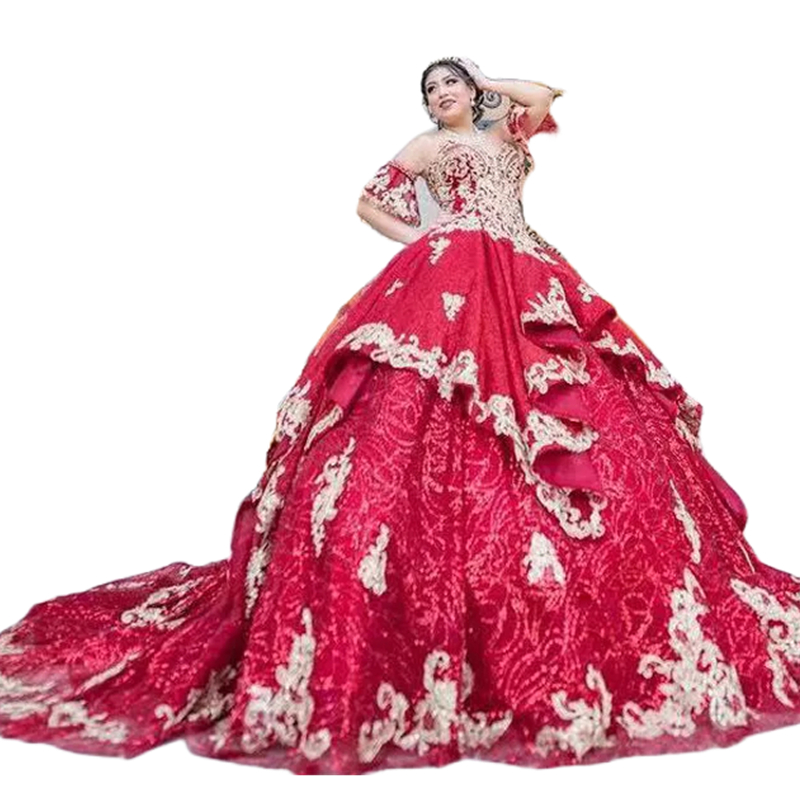 Glitter Dark Red Sequin Quinceanera Dresses Princess Sweetheart Ball Gown 15 Dress For Girls Prom Party Special Occasion 2023 Short Sleeves Lace Appli