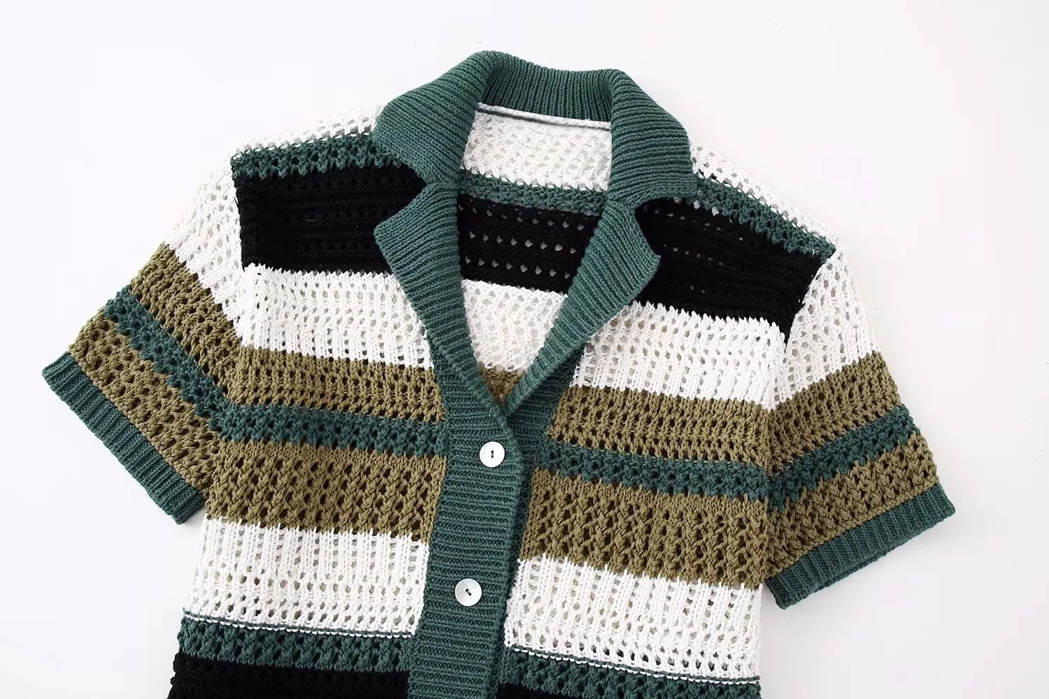 Women's Sweaters Women Lapel Slim Tops Ladies Buttons Stripe Sexy V Neck Short Sleeve POLO Neck Knit Cardigan Sweater Women 231009