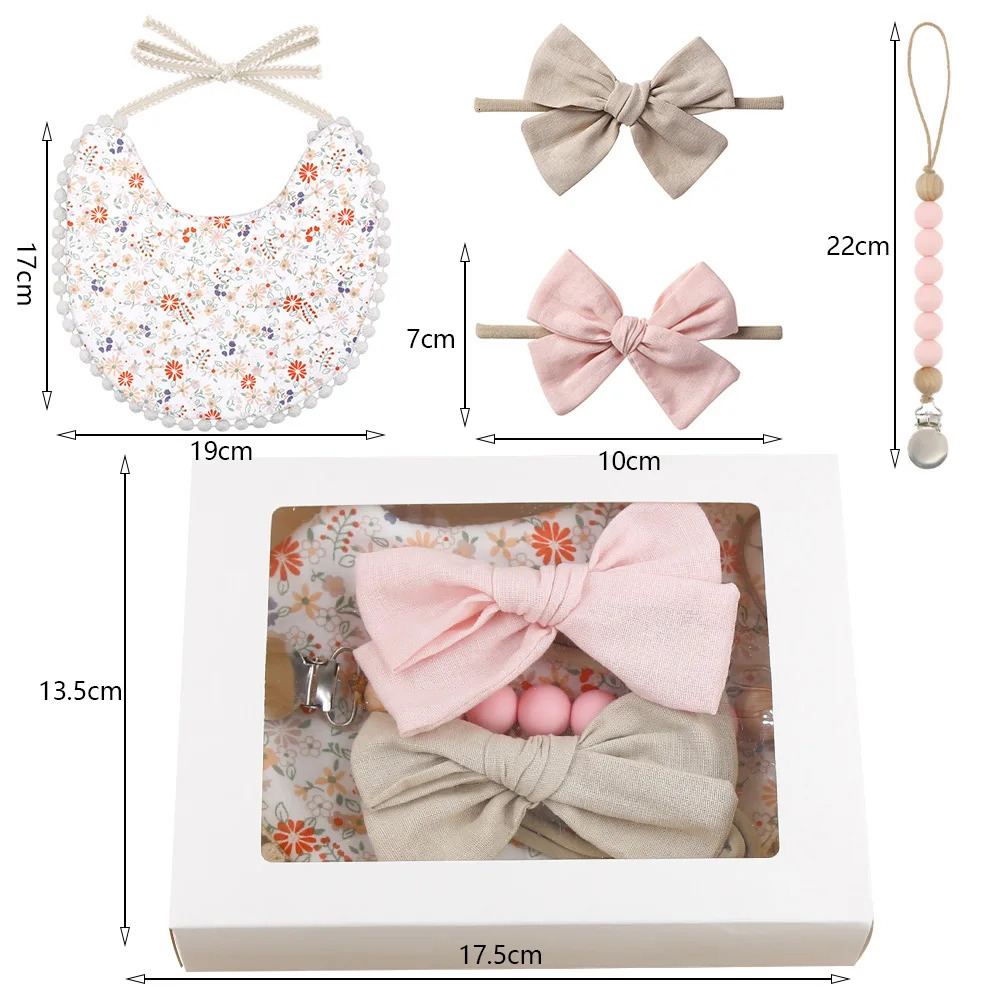 Gift Sets 4Pcs/Set Flower Print Baby Bib Headband Elastic Nylon Hair Band Food Grade Silicone Beads Pacifier Clip Chain Christmas Gift Box 231006