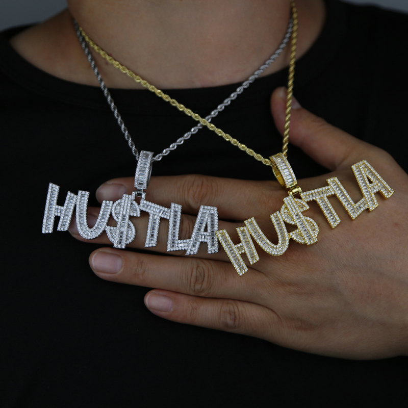 New Designer Hustla Letter Us Dollar Sign Pendant Charm Necklace Iced Out for Men Bling Cubic Zirconia Cz Charm Gold Plated Hip Hop Fashion Jewelry