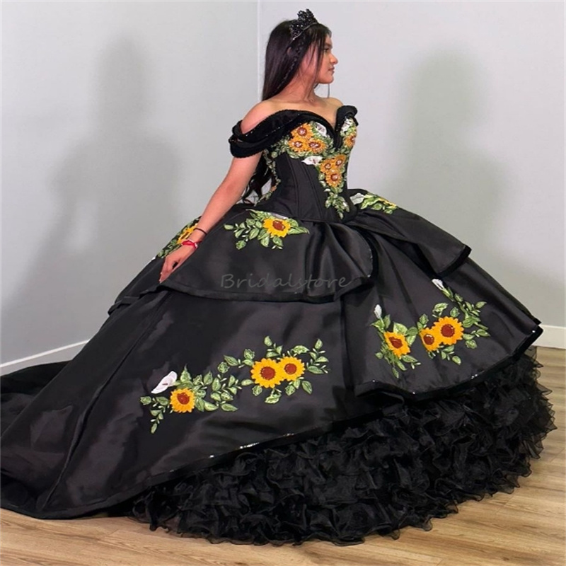Mexican Black Sunflowers Quinceanera Dresses 2024 Princess Ball Gown Emboridery Birthday Dress Vestidos De Xv Anos 15 Charro Vestidos 16 Debutantes Ma
