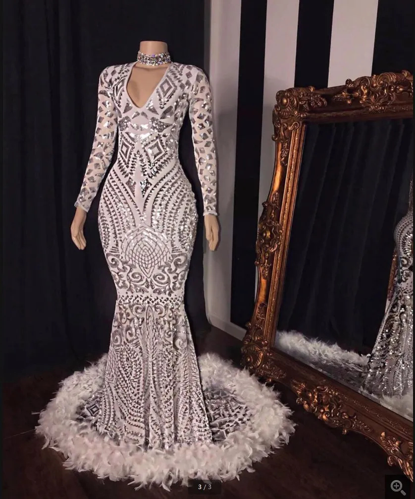 Glitter Silver Sequin Lace Mermaid Prom Dresses Long Sleeves Feather Special Occasion Gowns V-Neck Sexy African Black Girls Formal Party Dress