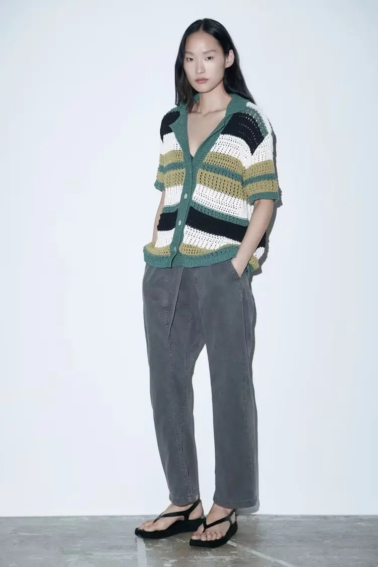 Women's Sweaters Women Lapel Slim Tops Ladies Buttons Stripe Sexy V Neck Short Sleeve POLO Neck Knit Cardigan Sweater Women 231009
