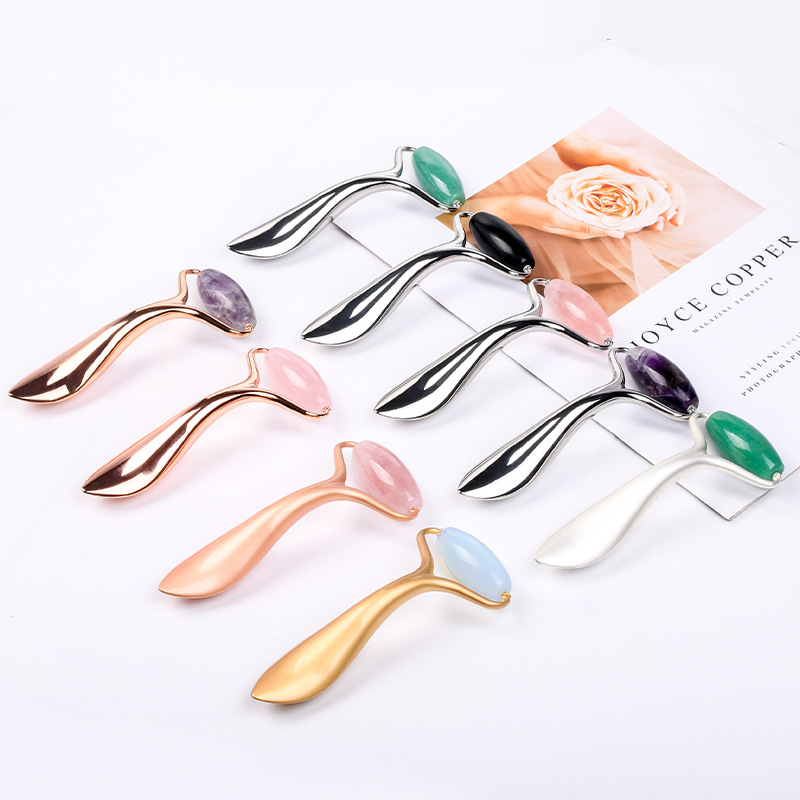 3D Face Massage Roller Metal Handle Natural Jade Stone Rose Quartz Face Roller Skincare Eye Head Massager Anti Wrinkle Anti-aging Beauty Products Rodi