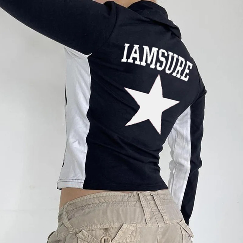 Women's Jackets Y2k Aesthetic Women Autumn Zipper Coats Long Sleeve Tops Splicing Star Slim Fit Letter Printing Kpop Grunge Clothes 231009