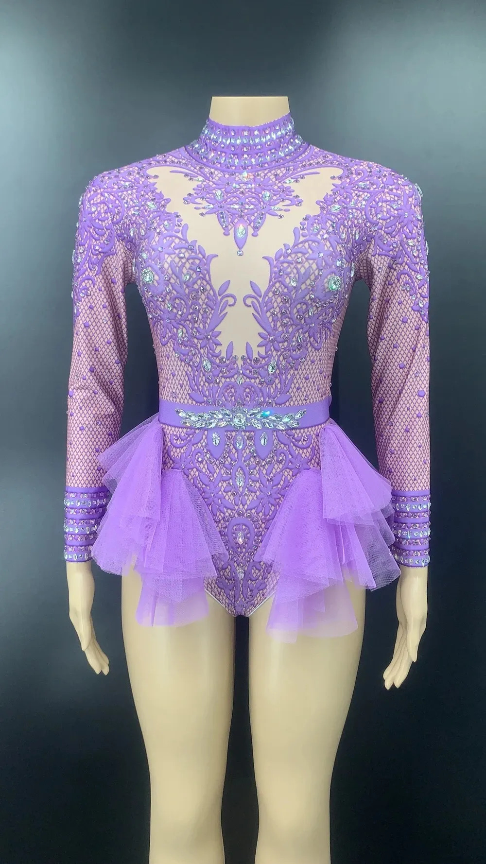Women s Jumpsuits Rompers Sparkly s Pink Lace Bodysuit Women Long Sleeve Birthday Party Outfit Dance Costume Sexy Show Performance Stage Wear 231009