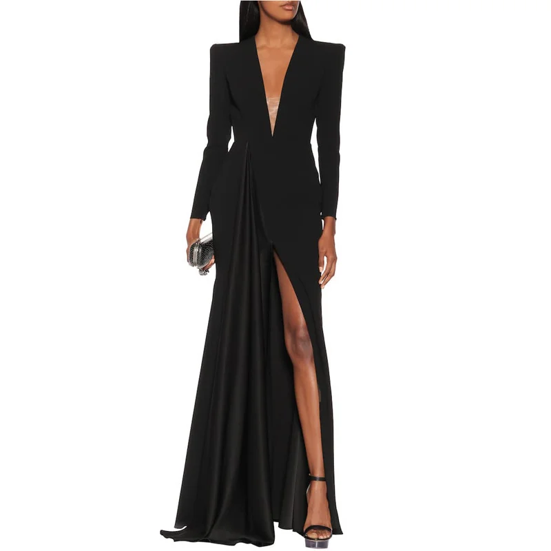 Elegant Long Black V Neck Crepe Evening Dresses Full Sleeves with Slit Mermaid Sweep Train Party Gown Dress
