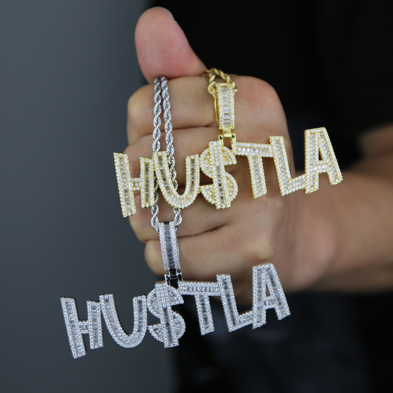 New Designer Hustla Letter Us Dollar Sign Pendant Charm Necklace Iced Out for Men Bling Cubic Zirconia Cz Charm Gold Plated Hip Hop Fashion Jewelry