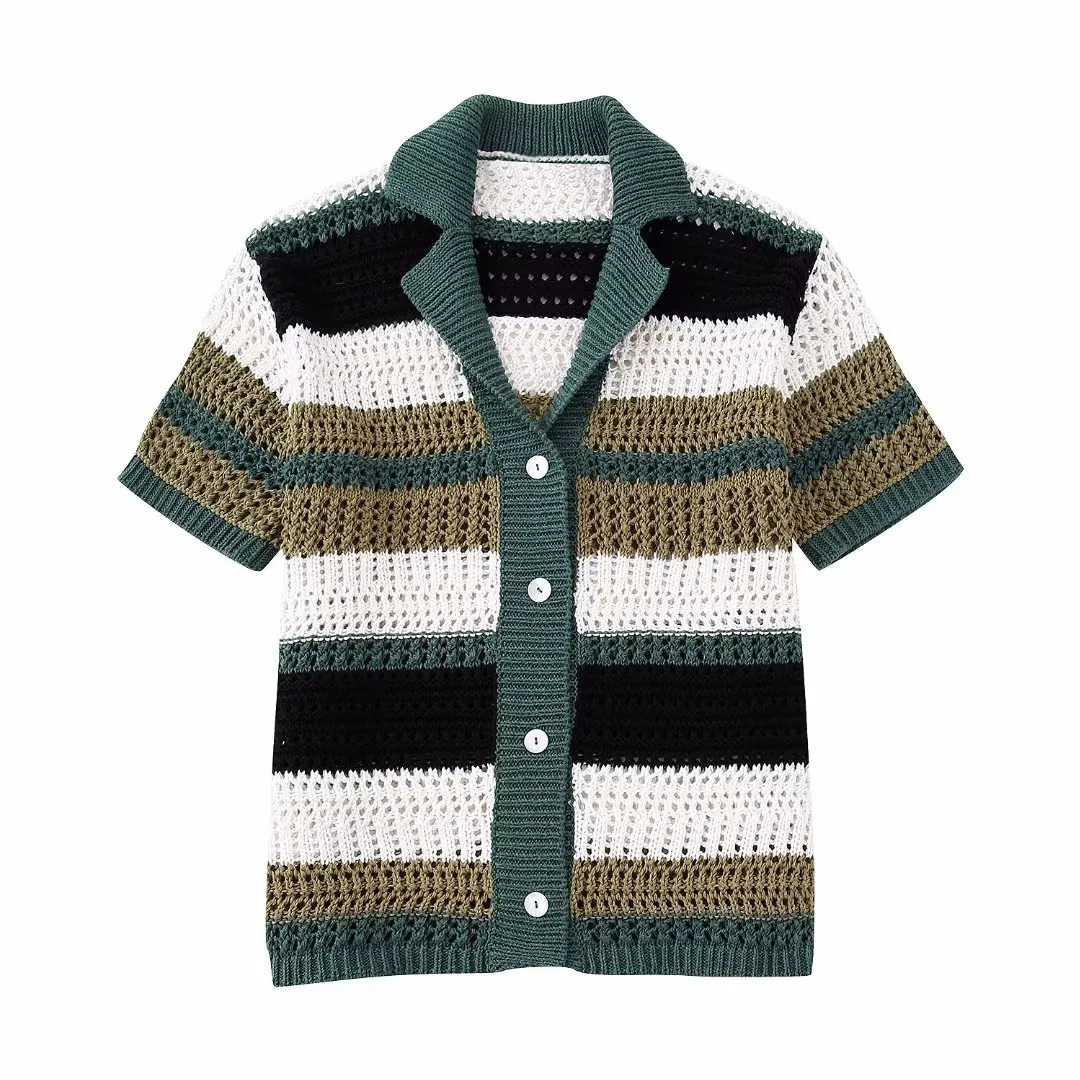 Women's Sweaters Women Lapel Slim Tops Ladies Buttons Stripe Sexy V Neck Short Sleeve POLO Neck Knit Cardigan Sweater Women 231009