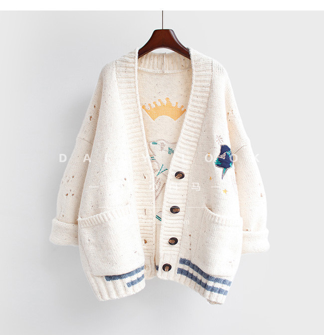 AZYT Women Autumn Winter Knitted Cardigan Cartoon Embroidery Oversize Sweater Coat Harajuku Loose Elegant V Neck Women Cardigans 201119