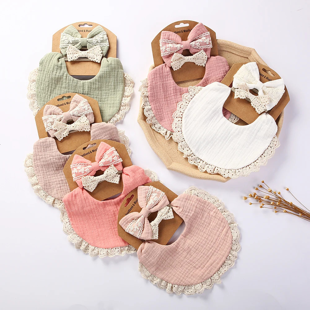 Gift Sets 12Sets/Lot Muslin Cotton Baby Bib for born Boy Girl Solid Lace Button Adjustable Saliva Towel Feeding Food Eating Burp Cloth 231006
