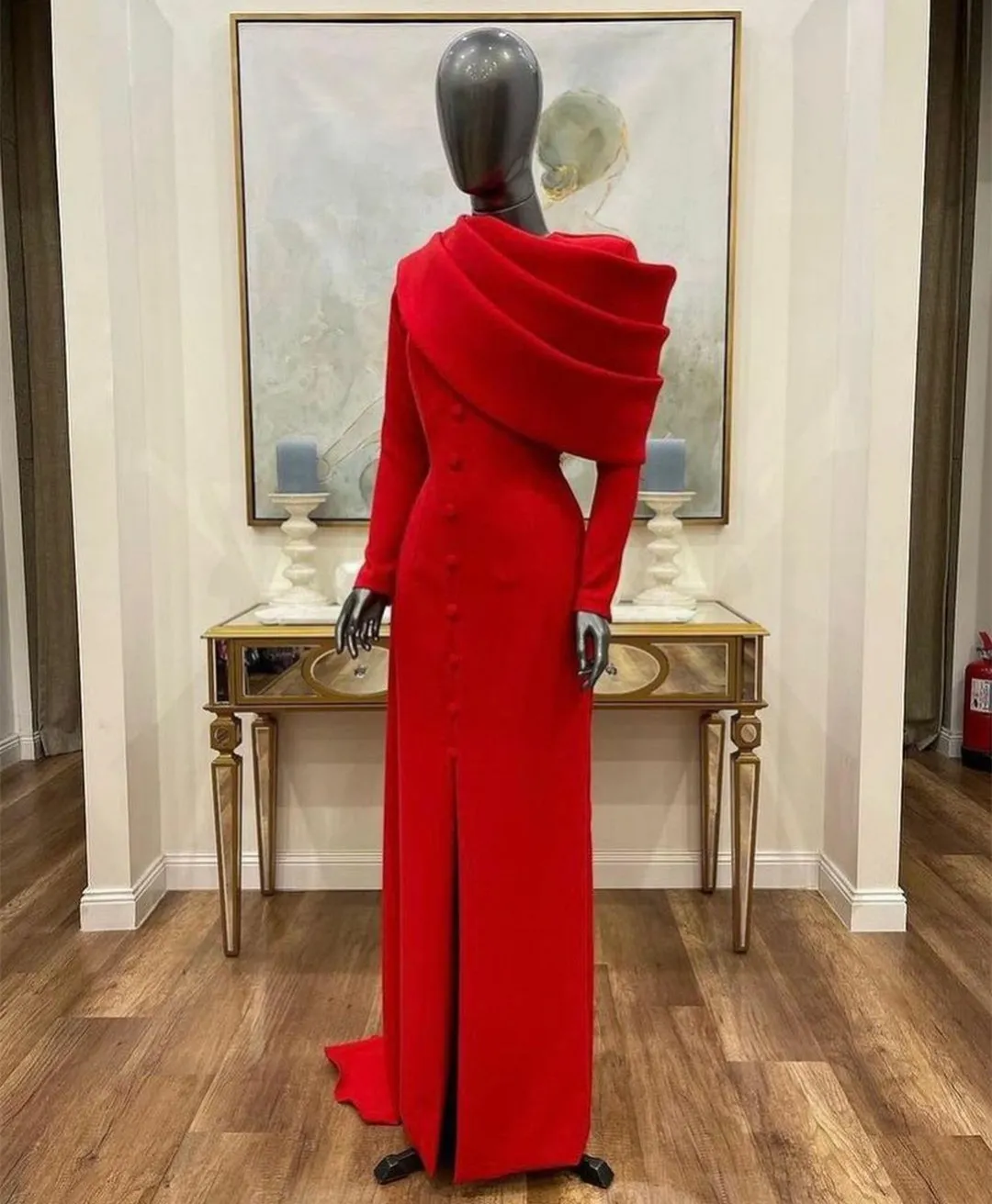Elegant Long Red Crepe Muslim Evening Dresses Zipper Back Full Sleeves Mermaid Sheath Pleated Floor Length with Slit Party Gowns for Women