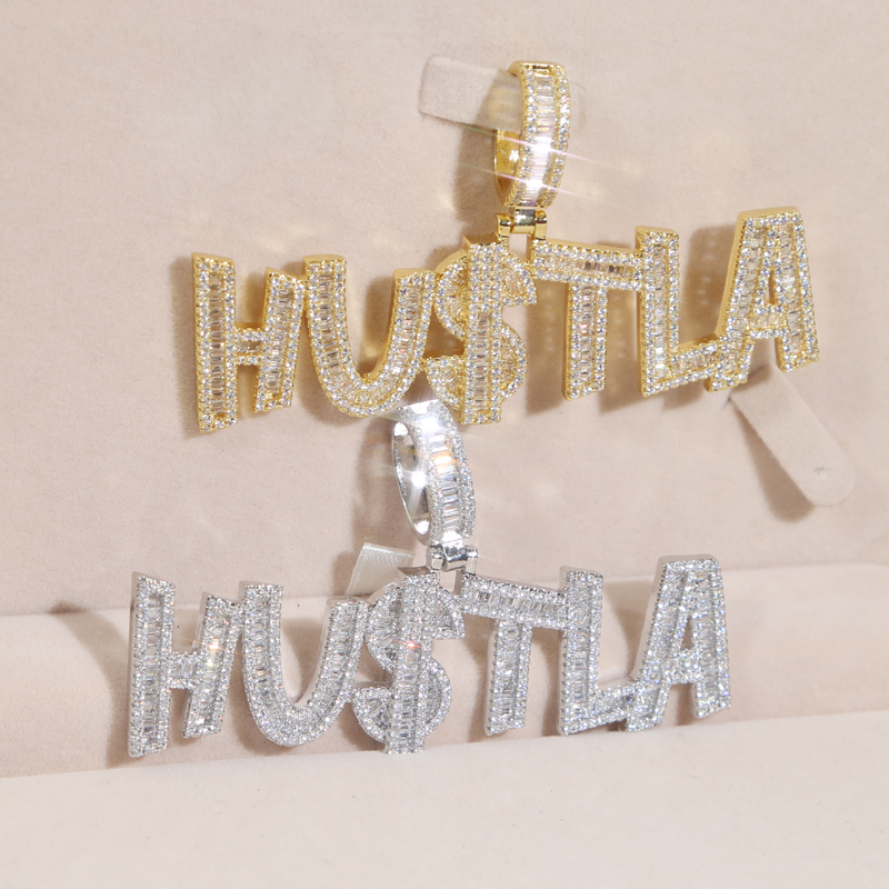 New Designer Hustla Letter Us Dollar Sign Pendant Charm Necklace Iced Out for Men Bling Cubic Zirconia Cz Charm Gold Plated Hip Hop Fashion Jewelry