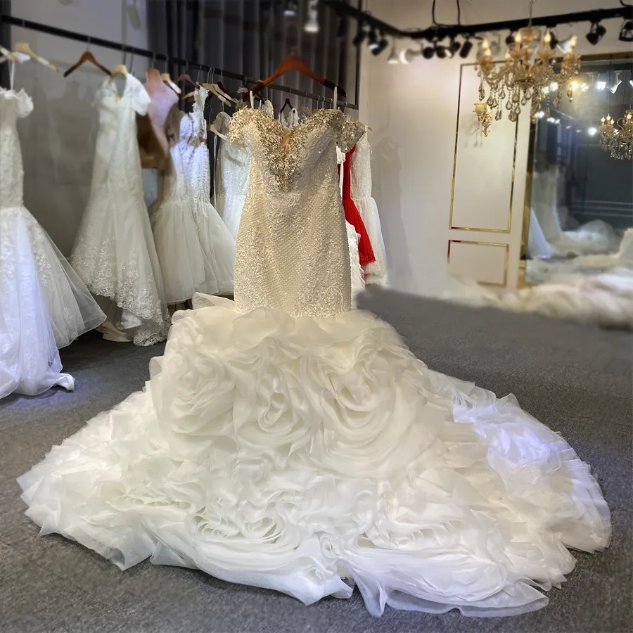 2024 Mermaid Modern Wedding Dress Off Shoulder Lace Applique Rhinestone Ruffle Organza Bride Gowns Vestidos De Novia Robe De Mariage