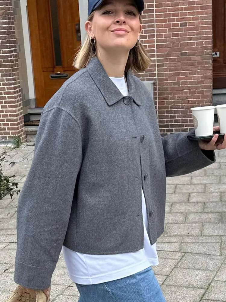 Women's Jackets Vintage Solid Cropped Woolen Jacket For Woman 2023 Long Sleeve Lapel Short Coats Female Autumn High Street Lady Chic Outerwear 23