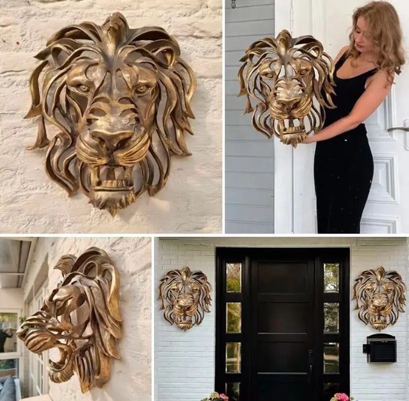 Decorative Objects Figurines Rare Find Large Lion Head Wall Mounted Art Sculpture Gold Resin Decor Kitchen Bedroom Dropshippin 231009