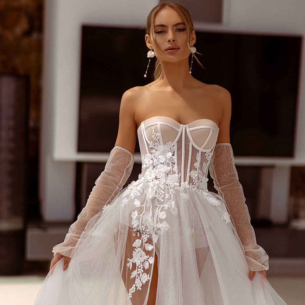 Charming Illsuion Thigh High Split Wedding Dresses Sweetheart 3D Appliques Bridal Gown with Detachable Sleeve Glitter robe de mariage