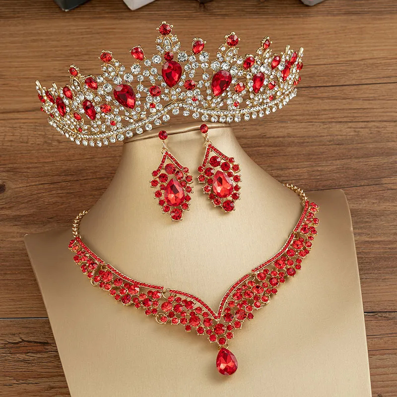 Shiny Crystals Women Jewelry Clear Rhinestones Headpieces Earrings Necklaces Crowns Bridal Wedding Accessories Green Blue Red Color