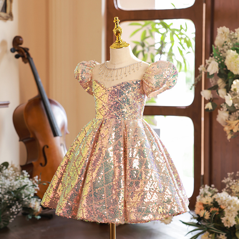 Glossy Sequined Flower Girl Dresses Shiny Bling Puff Princess Ball Gowns For Wedding Sweep Train Little Girls Birthday Party Toddlder Pageant Dress 40