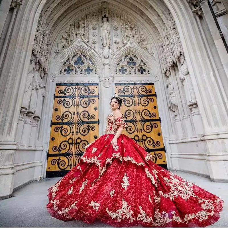 Glitter Dark Red Sequin Quinceanera Dresses Princess Sweetheart Ball Gown 15 Dress For Girls Prom Party Special Occasion 2023 Short Sleeves Lace Appli