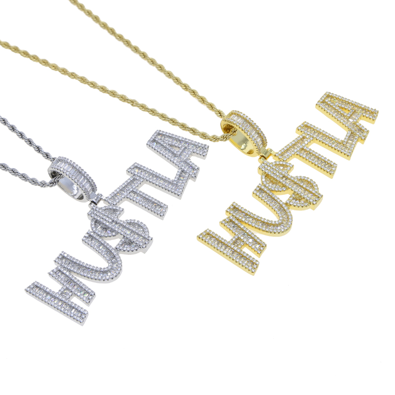 New Designer Hustla Letter Us Dollar Sign Pendant Charm Necklace Iced Out for Men Bling Cubic Zirconia Cz Charm Gold Plated Hip Hop Fashion Jewelry