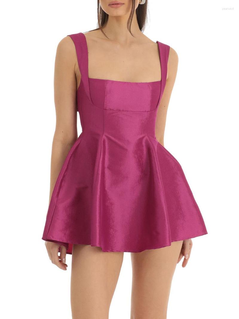 Women's Satin Mini Dress, Spaghetti Strap, Square Neck, Backless, Bow, A-E, Party Clubwear, Polyester, Black, Champagne, Rose Red, White B4