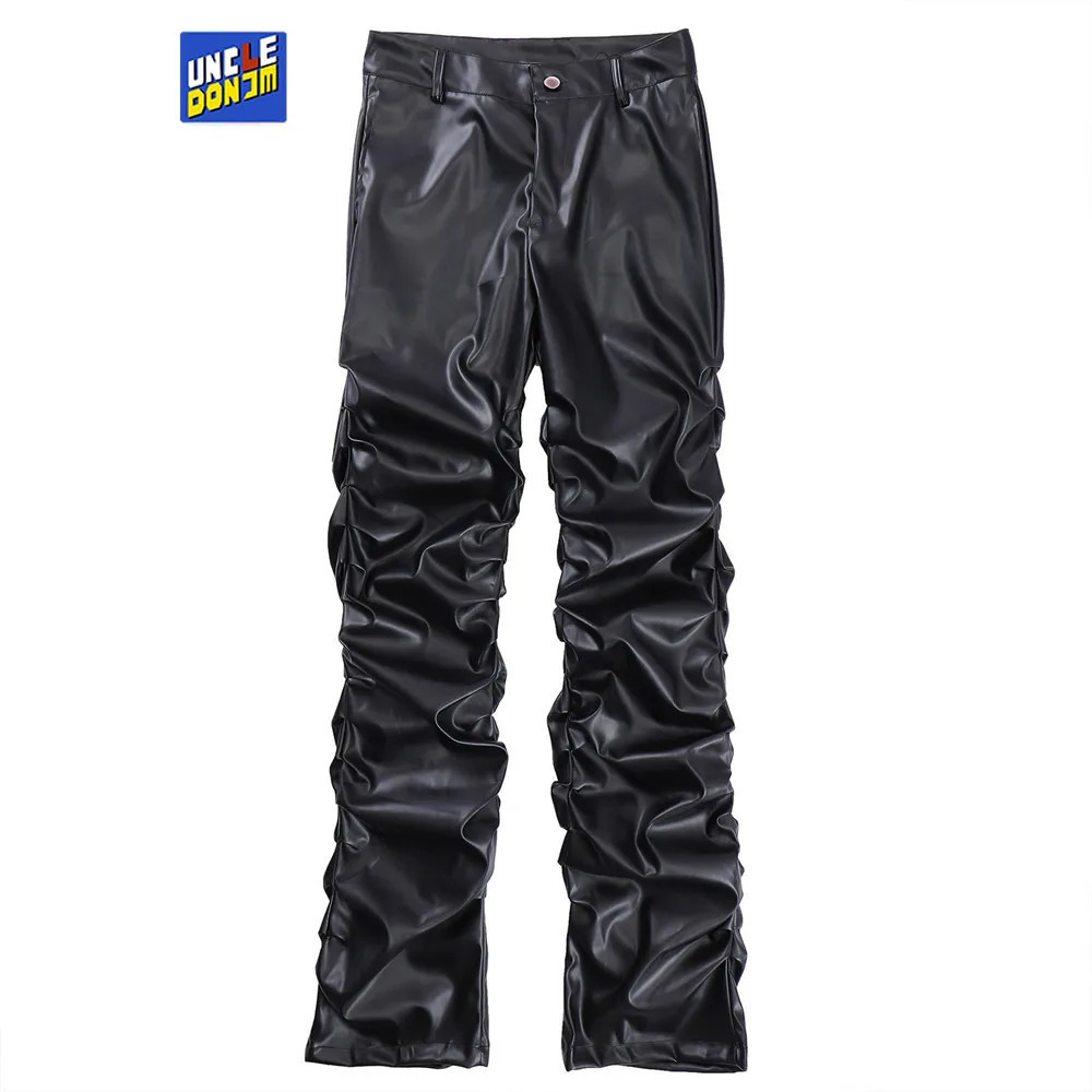 Men's Pants Pleated Leather Men Motorcycle For Street Wear faux leather pants men HIP HOP cargo 231009