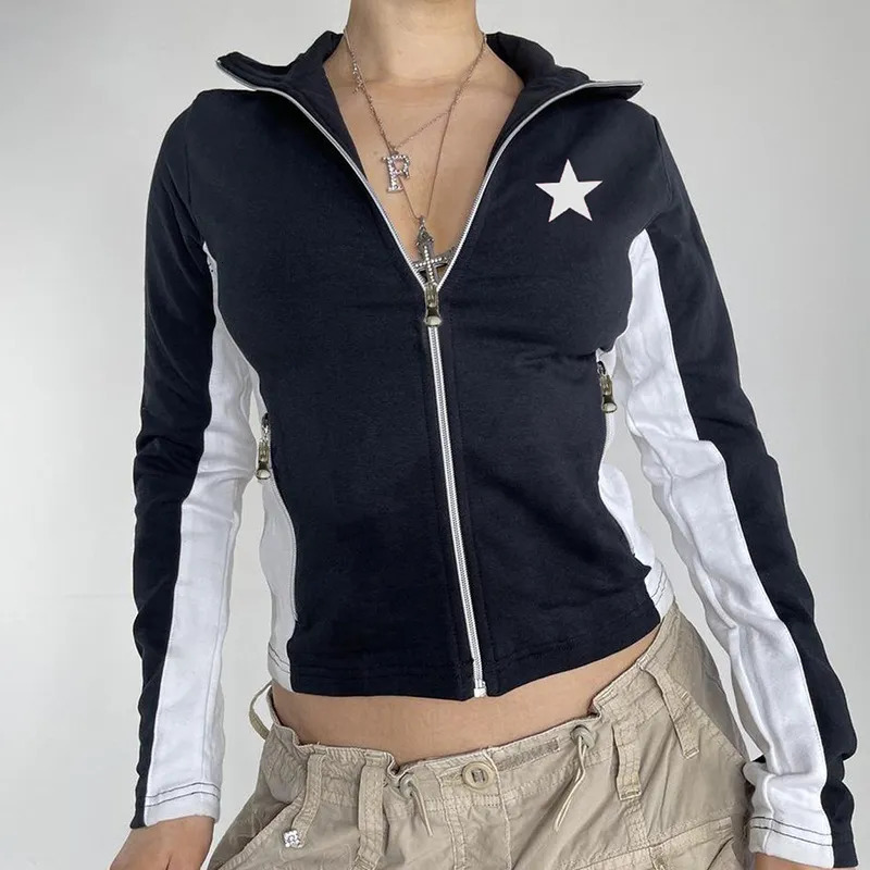 Women's Jackets Y2k Aesthetic Women Autumn Zipper Coats Long Sleeve Tops Splicing Star Slim Fit Letter Printing Kpop Grunge Clothes 231009