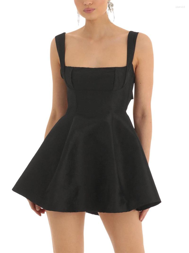 Women's Satin Mini Dress, Spaghetti Strap, Square Neck, Backless, Bow, A-E, Party Clubwear, Polyester, Black, Champagne, Rose Red, White B4