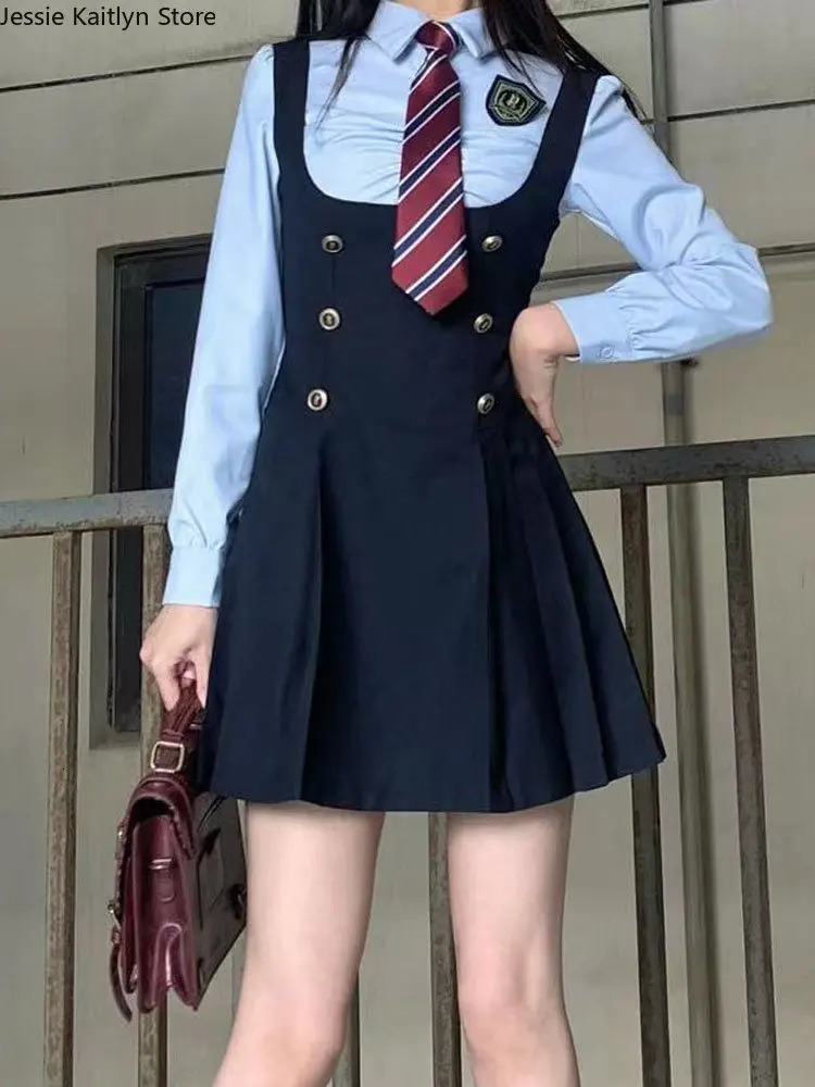 Theme Costume Japanese Kawaii JK School Uniform Summer Cute Slim Shirt Sets Solid Graduation Girls Cosplay Strap Skirt 231009
