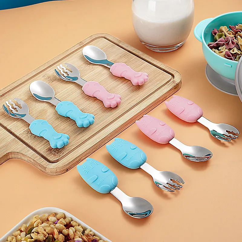 Cups Dishes Utensils Children Learn To Eat Training Tableware Baby Cute Stainless Steel Spoon Fork Toddler Kicthen Utensils Bebe Gadgets Spork Foon 23