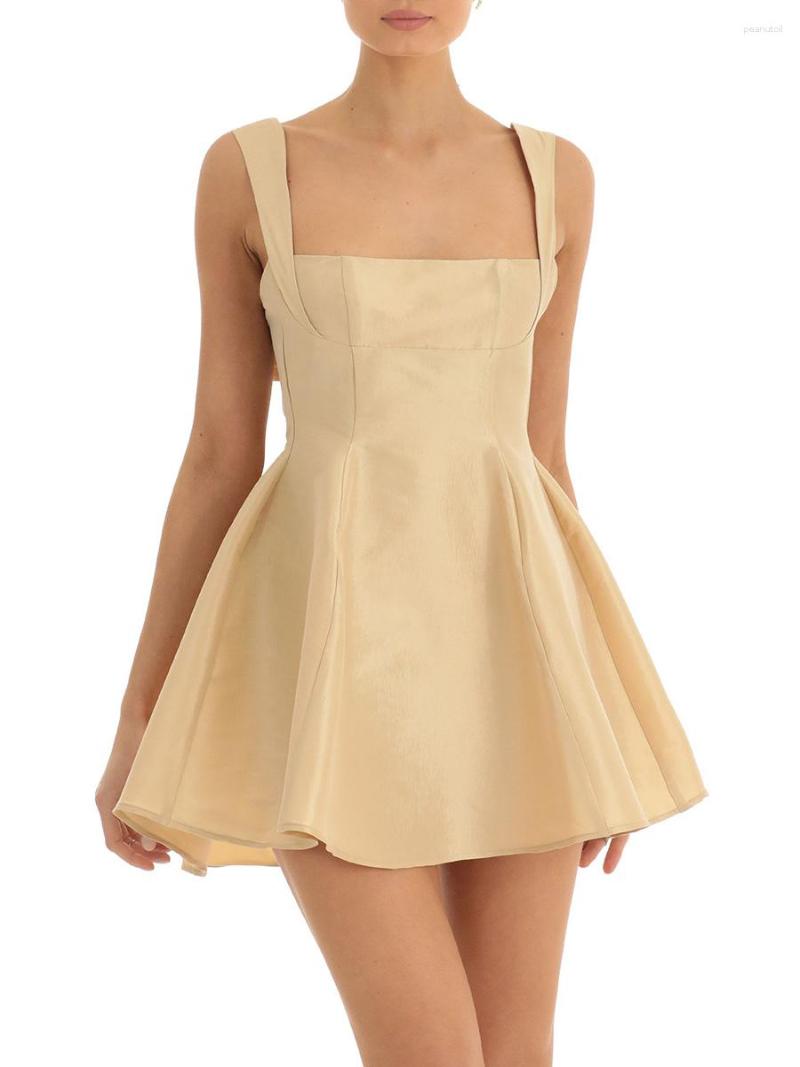 Women's Satin Mini Dress, Spaghetti Strap, Square Neck, Backless, Bow, A-E, Party Clubwear, Polyester, Black, Champagne, Rose Red, White B4