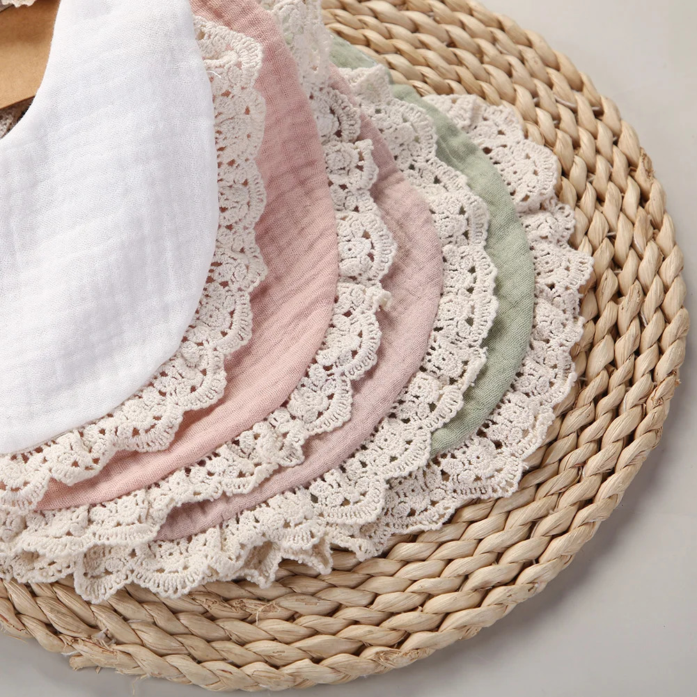Gift Sets 12Sets/Lot Muslin Cotton Baby Bib for born Boy Girl Solid Lace Button Adjustable Saliva Towel Feeding Food Eating Burp Cloth 231006