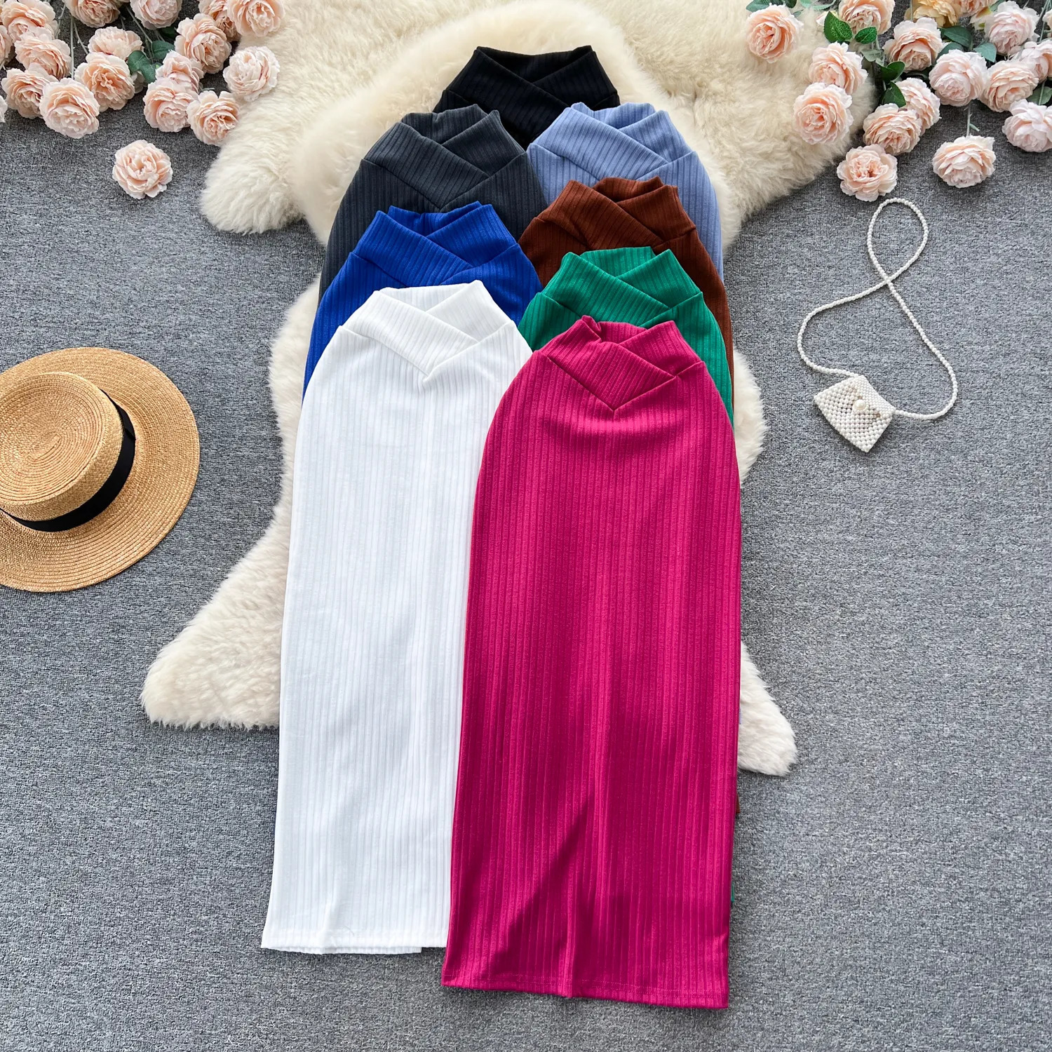 Skirt Chic Solid Elegant Elastic Slim Sexy Knit Skirt High Waist Fashion Vintage Autumn Hip Wrap Full 231009