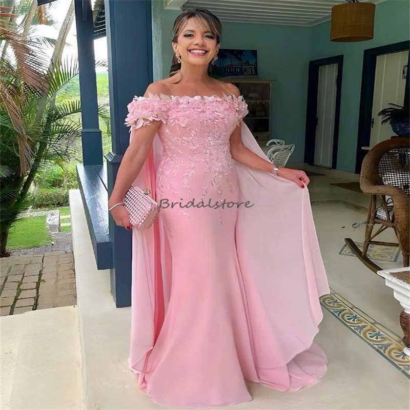 Luxury Pink Mother Of The Bride Dress With Cape Elegant Off Shoulder Florals Lace Wedding Guest Dress 2024 Mermaid Evening Gown Chic Formal Special Oc