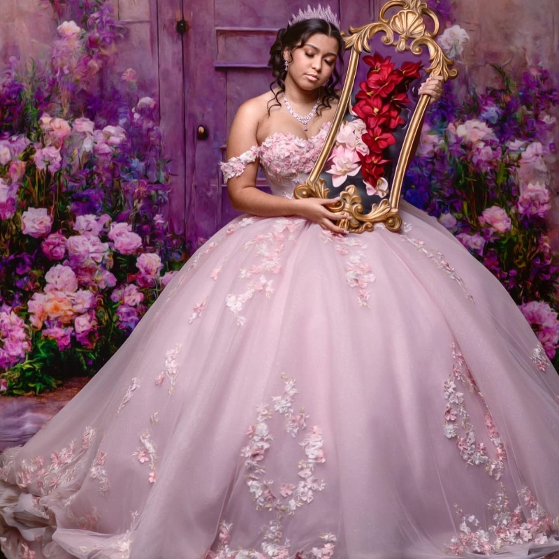 Pink Shiny Sexy Sweetheart Quinceanera Dress Sweet 2024 Off Shoulder Applique Lace wer Tull Vestidos De 15 Anos Ball Gown