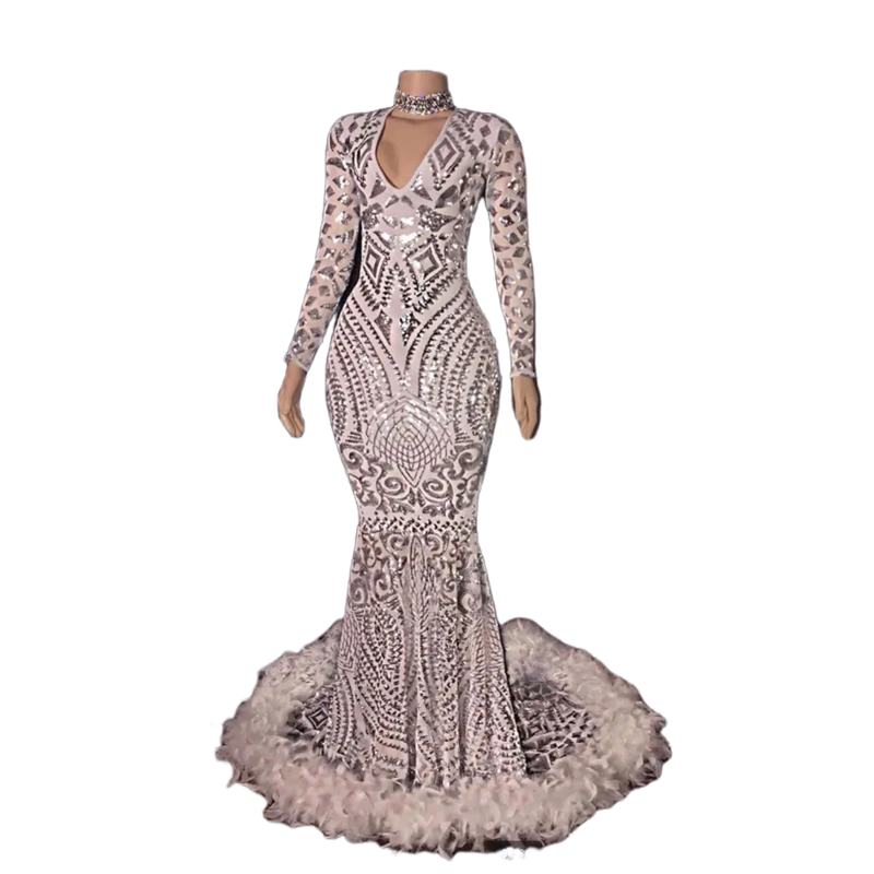 Glitter Silver Sequin Lace Mermaid Prom Dresses Long Sleeves Feather Special Occasion Gowns V-Neck Sexy African Black Girls Formal Party Dress