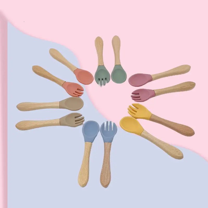 Cups Dishes Utensils Baby Food Feeding Tableware Children Learn To Eat Training Wood silicone Spoon Fork Bebe Flatware Infants Utensils Kids Gadgets 2