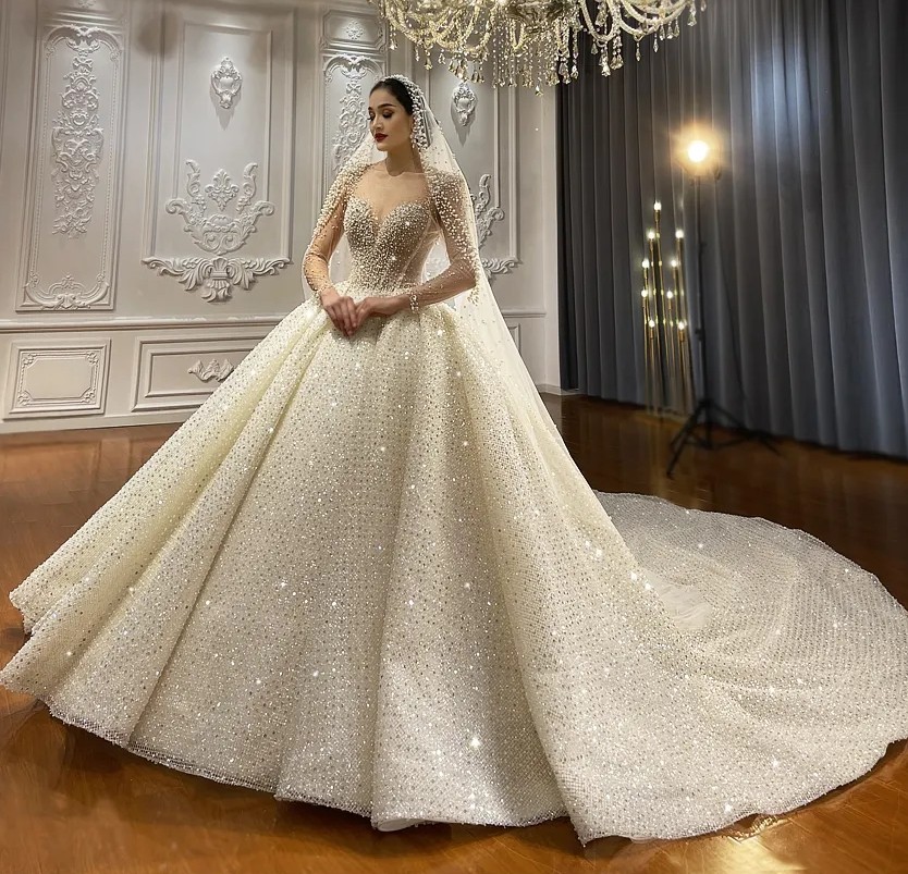 2024 New Women Wedding Dress Illusion Neck Long Sleeves Stunning Beading Pearls Sequine Bride Gowns Robe Mariage Vestidos De Novia Arabic Dubai