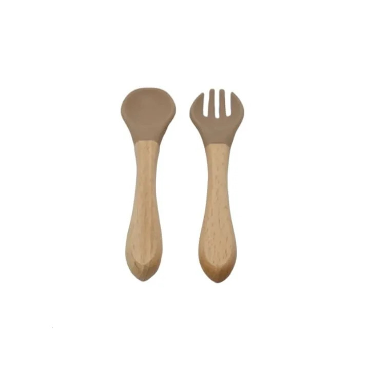 Cups Dishes Utensils Baby Food Feeding Tableware Children Learn To Eat Training Wood silicone Spoon Fork Bebe Flatware Infants Utensils Kids Gadgets 2