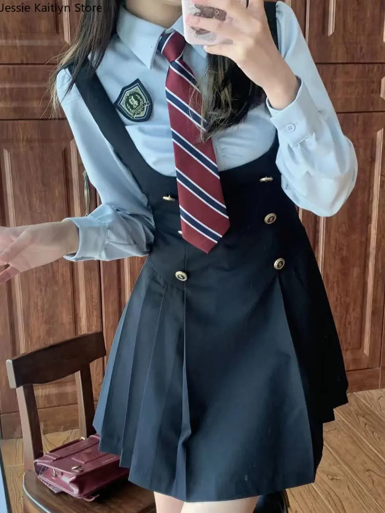 Theme Costume Japanese Kawaii JK School Uniform Summer Cute Slim Shirt Sets Solid Graduation Girls Cosplay Strap Skirt 231009
