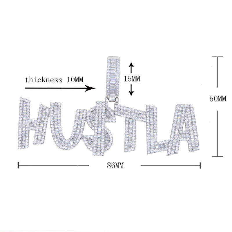 New Designer Hustla Letter Us Dollar Sign Pendant Charm Necklace Iced Out for Men Bling Cubic Zirconia Cz Charm Gold Plated Hip Hop Fashion Jewelry