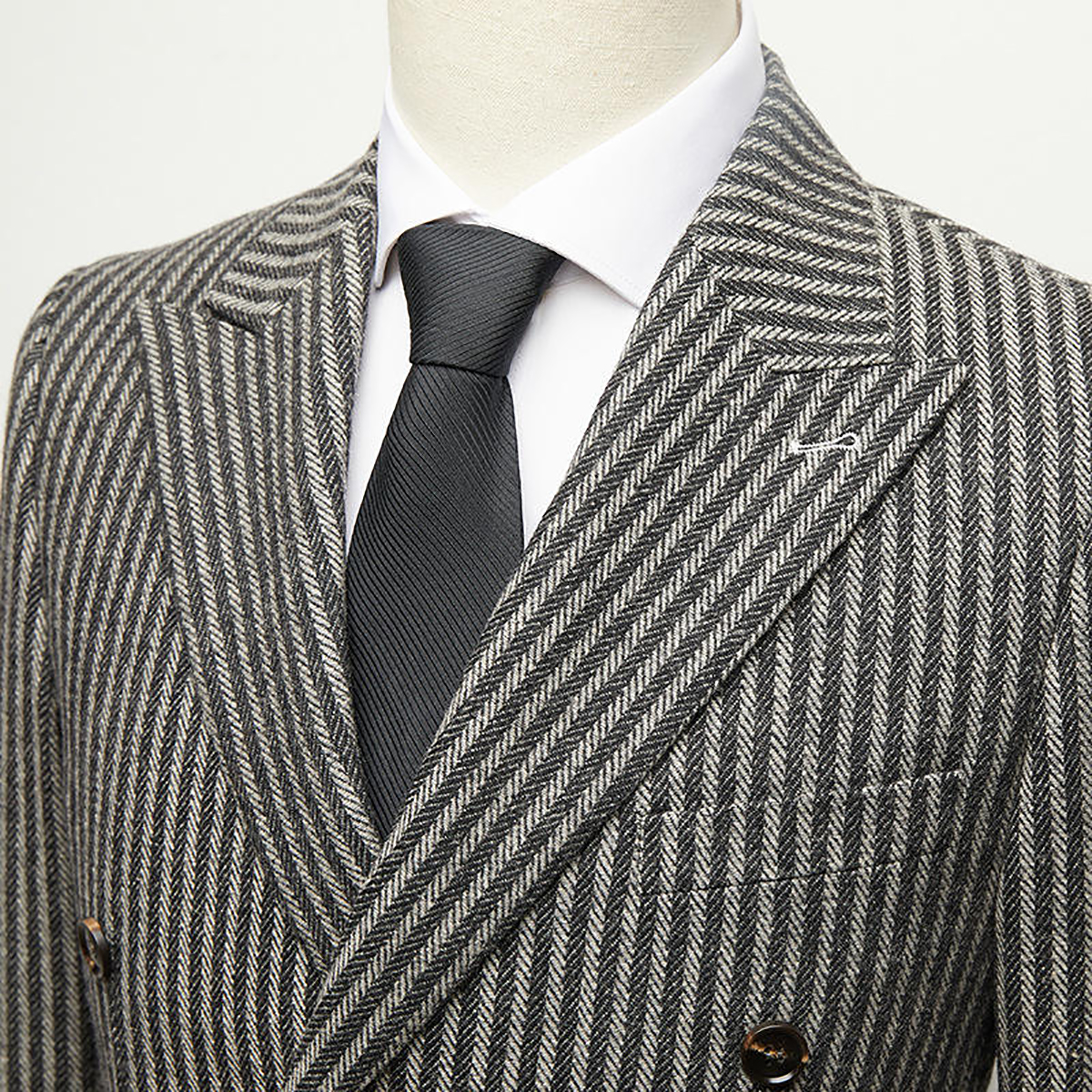 Gray Wool Winter Men Suit's For Wedding Formal Striped Groom Tuxedos Male Fashion 2 Pieces Double Breasted Pants Sets
